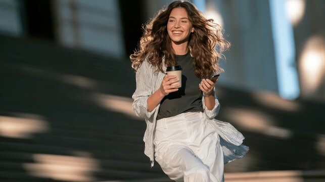 Young woman with long curly hair wearing casual attire holds coffee cup and smartphone while walking down outdoor steps in bright sunlight