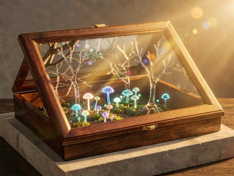 A magical miniature forest inside a wooden glass box