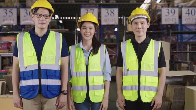 Portrait of three happy Asian warehouse workers male and female in safety workwear standing together with arms crossed and smiling looking at camera with cheerful expressions in distribution factory. 