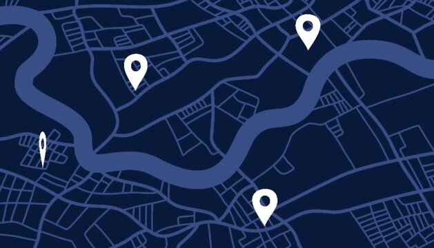 Gps map navigator system animation. Route destination city streets. Searching direction, track or address. Pin location detection. Mapping technology and locate position high tech motion background