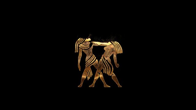 Gold Gemini zodiac symbol with gold particles, transparent background