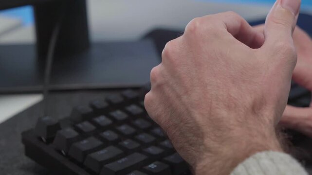 Software engineer typing on keyboard desktop computer information AI, management cybersecurity or coding software development. Programmer adult working artificial intelligence and verify algorithms 