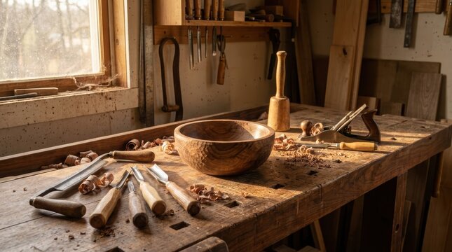 Hand carved wooden bowl on workbench with chisels and mallet in carpentry workshop. Wood shavings and hand tools in warm sunlight by window.