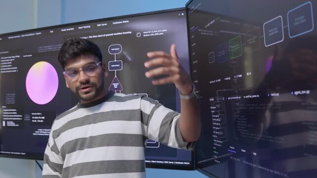 Software engineer brainstorming with team Presenting system cyber security, coding on computer screen. Professional programmer meeting analysis work use technology AI verify code reading data develop