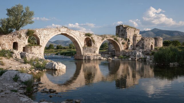 Ancient stone bridge with multiple arches crossing a calm river reflecting the sky and surrounding landscape