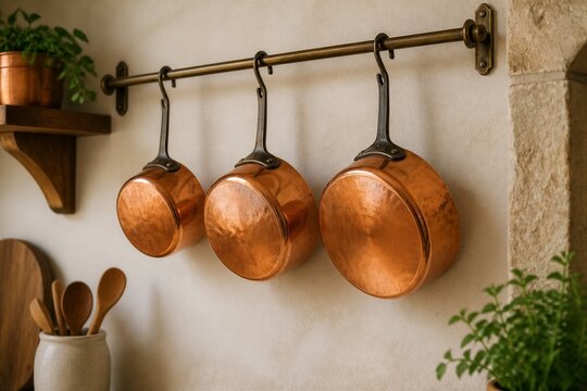 Copper saucepans hanging on rod in rustic kitchen nook interior wall