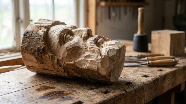 Wooden face sculpture in progress on a rustic workbench. Hand-carved log rests among chisels and mallet in a sunlit workshop.