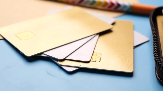 Close up view of golden credit cards and wallet with a colorful pencil and craft paper on a blue background