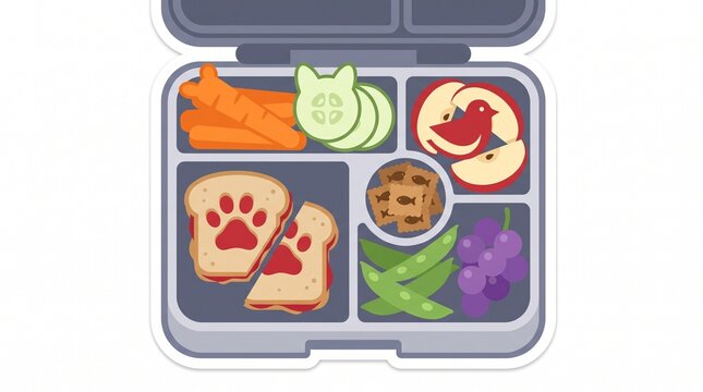 Bento lunch box illustration, healthy school meal with sandwich and fruit, flat vector design on white background, nutritious snacks for children
