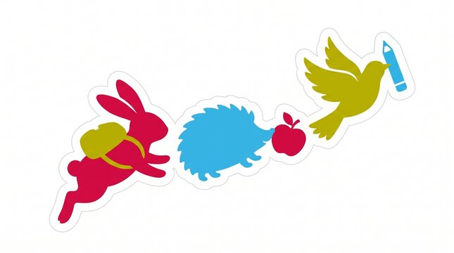 Back to school animal silhouettes, colorful rabbit with backpack, hedgehog with apple and bird with pencil, flat vector illustration on white background