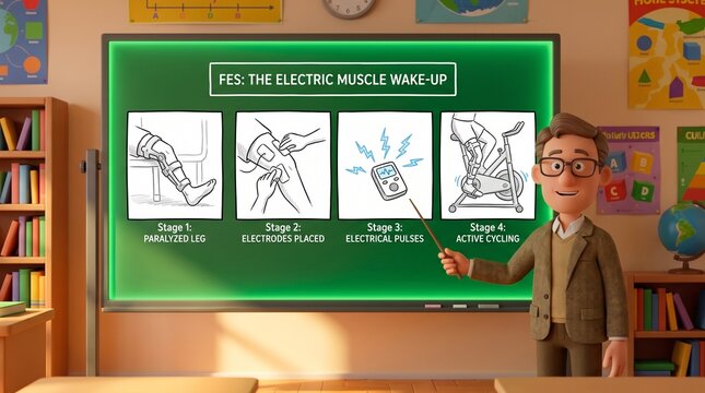 Animated teacher demonstrating electric muscle anatomy to students in classroom setting with digital chalkboard