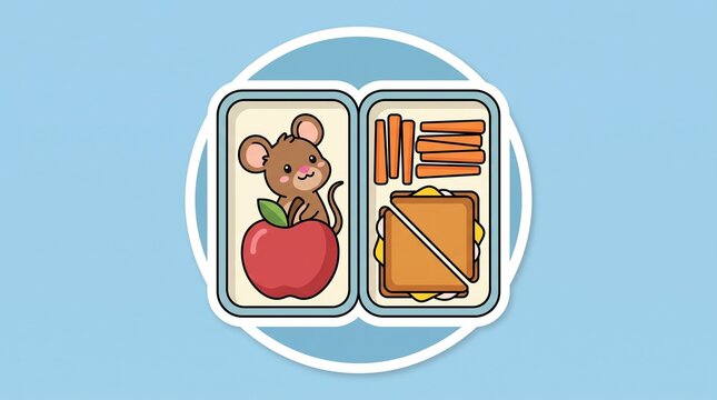 Kawaii lunch box illustration, cute mouse with apple and sandwich, flat vector style on blue background, healthy school meal concept for kids