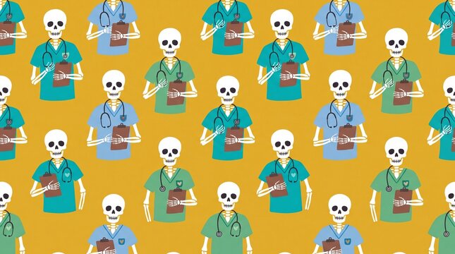 Seamless pattern of skeleton doctors in medical scrubs with clipboards