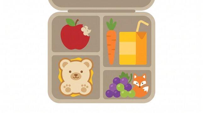 Bento lunch box illustration, flat vector style with healthy snacks, bear sandwich and fruit icons, isolated on white background for school meal planning