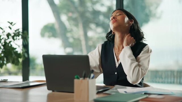 Laptop, neck pain and business woman in office with fatigue, burnout or accountant with bad posture. Computer, tired person and employee with injury, muscle tension or typing with financial stress