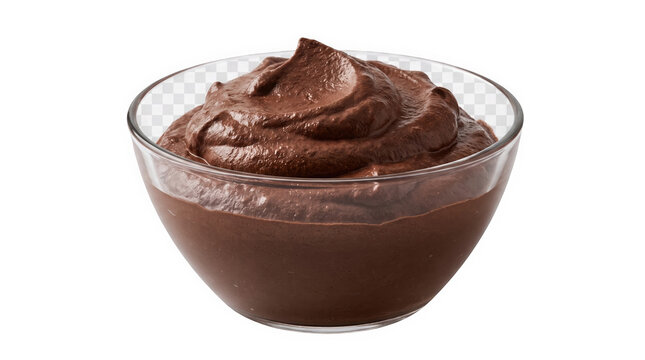 A rich, creamy chocolate mousse served in a glass bowl, presented isolated on transparent background for versatile use in food-related marketing