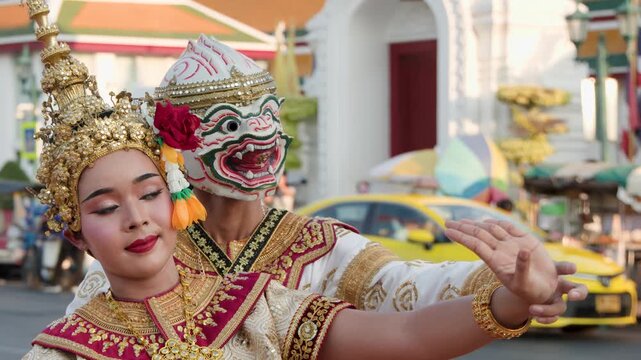Thai Khon Dancers Performing in Traditional Costumes in Bangkok