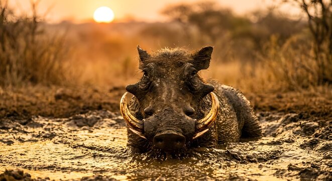 a warthog wallowing in golden mud at sunset
