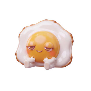 Sleepy 3D fried egg character sitting down isolated on white