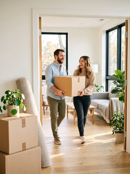 A smiling caucasian man and woman carry a cardboard moving box together into a bright modern living room while laughing.
