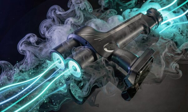 Futuristic Black Laser Weapon Surrounded By Smoke And Lights