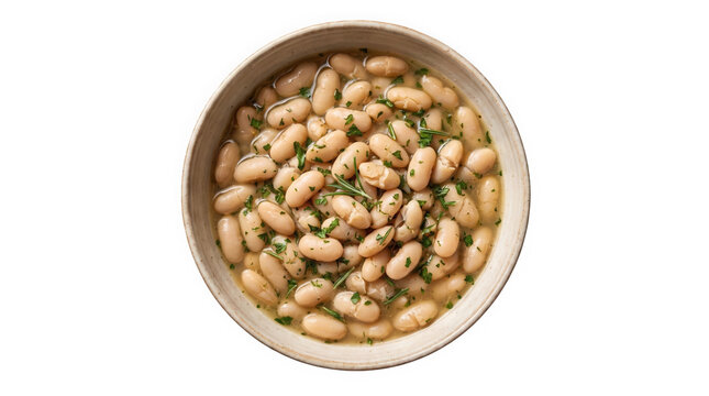 A rustic bowl of creamy white beans with fresh herbs, presented as an isolated on transparent background cutout for professional culinary projects