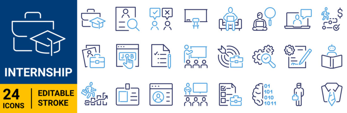 Internship Icon Set. Containing Student Internship, Internship Program, Work Placement, Career, Job, Training, Mentorship and Professional Development Solid Vector Icons Collection