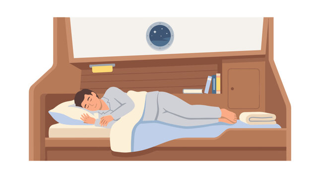 Man sleeping peacefully in a sailboat cabin bunk bed under a porthole showing the starry night sky