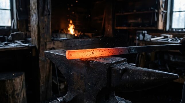 Glowing hot metal bar lies on anvil in blacksmith workshop. Forge fire burns with sparks in dark rustic interior. Traditional craftsmanship and metalworking concept.