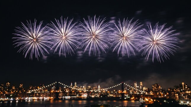 Spectacular new year's eve fireworks display illuminates the night sky over a coastal cityscape