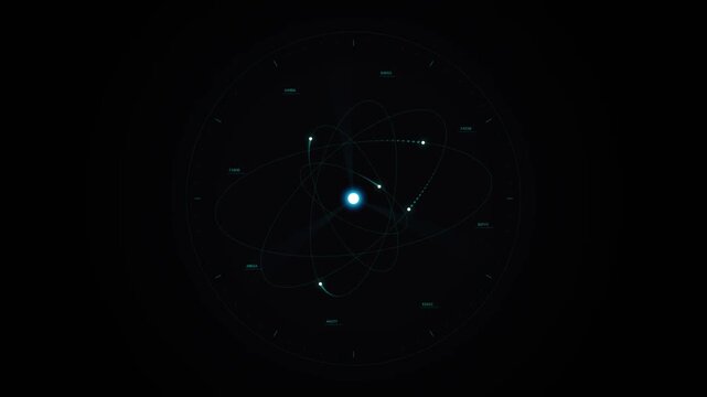 Abstract blue glowing atom model animation with particles orbiting nucleus