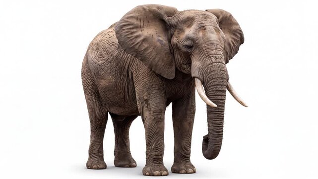 African elephant with long tusks and extended trunk, standing gracefully isolated on white background. Detailed textures and appearance. Video made using Generative AI.