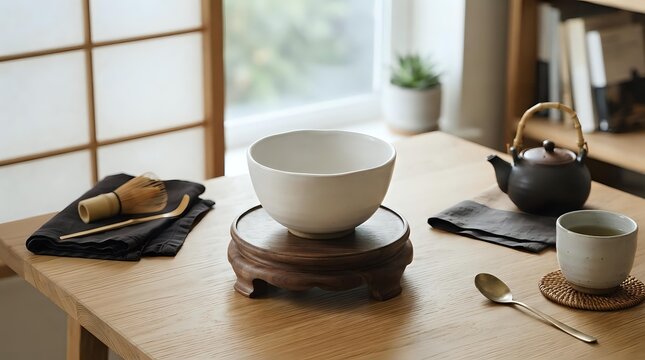 Ceramic bowl on wooden trivet with teapot, cups, and baked goods on table