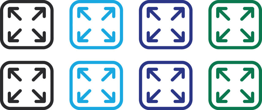 Set of eight square fullscreen expand icons in various colors and styles with icon set UI design web interface