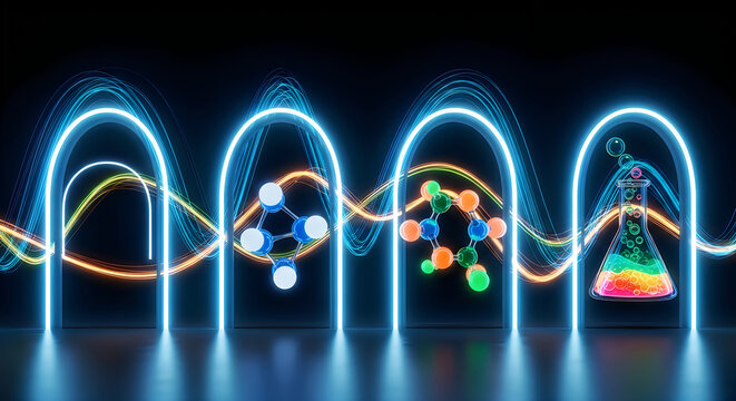 Abstract scientific background featuring glowing neon arches and colorful digital molecular structures on dark blue surface
