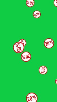 Discount Percentage Tags Falling on Green Screen  Animation,Chroma Key Sale and Offer Price Badges  for Shopping & Promotion Videos isolated vertical social media motion design element
