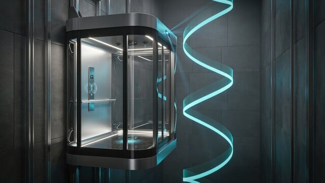 Elevator Design with Glowing Blue Light Path, Modern Architectural Concept Featuring Lift, Transportation
