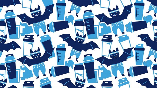 Cute workout bat characters and gym shaker bottles seamless pattern