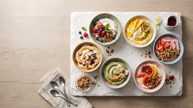 Minimalist Gourmet Yogurt Bowl Assortment with Fresh Fruit Toppings Food Photography