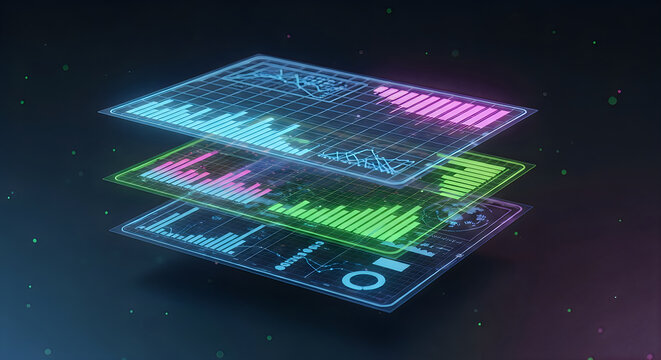 Abstract digital layers with glowing neon light patterns representing data processing and modern cloud computing technology