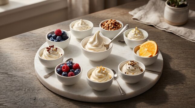 Gourmet Frozen Yogurt Dessert Assortment Served In Small Bowls Food Presentation