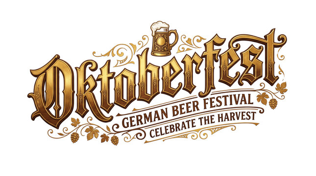 Vintage Oktoberfest German Beer Festival logo, golden harvest celebration typography, ornate brewery emblem with beer mug isolated PNG with Transparent Background