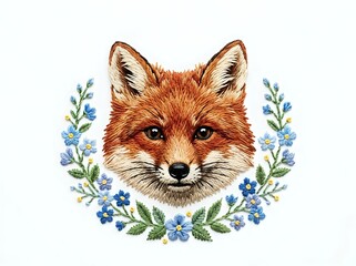 Obraz premium Red fox head with striking amber eyes surrounded by delicate blue flowers and green foliage in decorative botanical arrangement