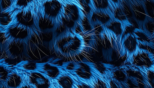 Vibrant electric blue leopard print faux fur texture background. Vibrant blue leopard fur texture. Detailed wild animal pattern with distinct black rosettes, soft blue hair strands.