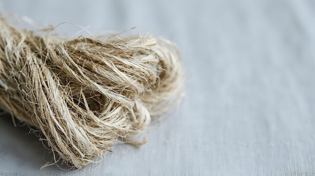 Coiled natural jute twine or hemp rope on neutral linen fabric background