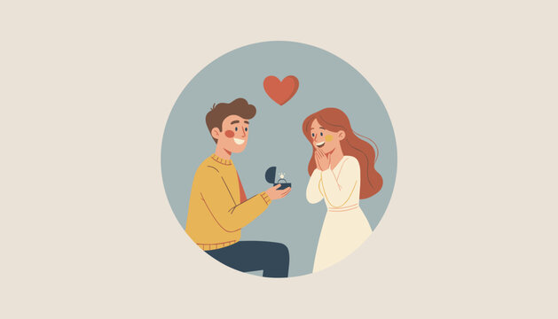 Romantic cartoon illustration of a young man proposing to his beautiful girlfriend on one knee with an engagement ring.