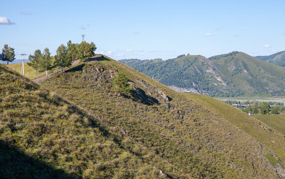 A panoramic view of rolling grassy hills and distant forested mountains, with a dirt country road, scattered birch trees and clear blue sky conveying calm, rural summer landscape and open space. Altai