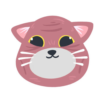 Cute Pink Cat Head Illustration with Large Yellow Eyes Isolated on White Background for Childrens Graphic Design and Sticker Art