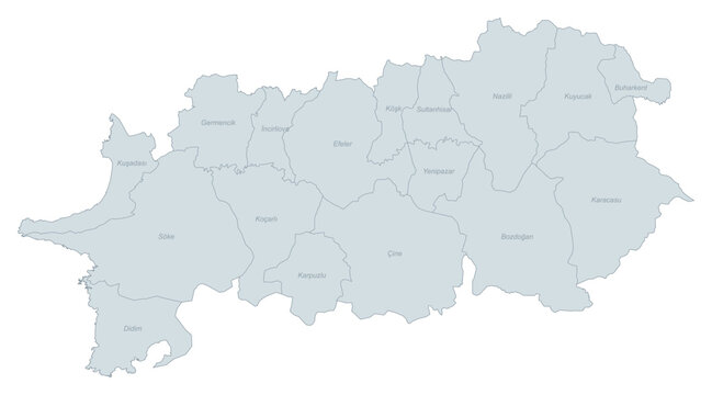 Administrative Divisions Map of Ayd?n Province, Turkey - Detailed Vector Illustration