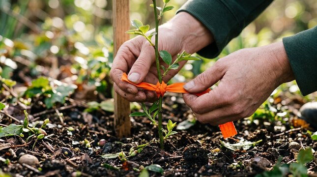 Hands tying orange ribbon to young tree sapling plant for International Day for the Elimination of Violence against Women